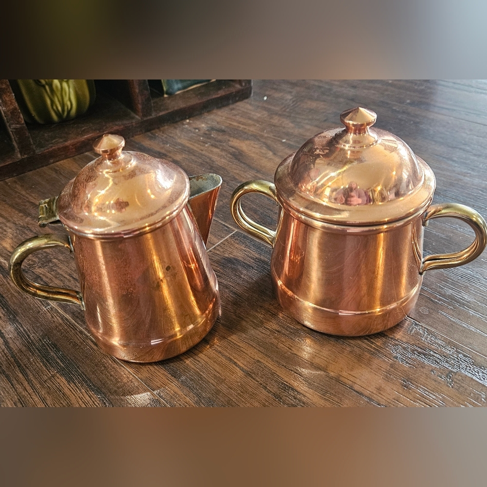 Vintage Copper Cream and Sugar Set approx 4.5 - 5" tall